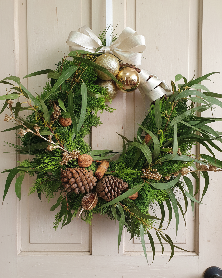 Corona de Puerta Navideña Natural grande tonos dorado