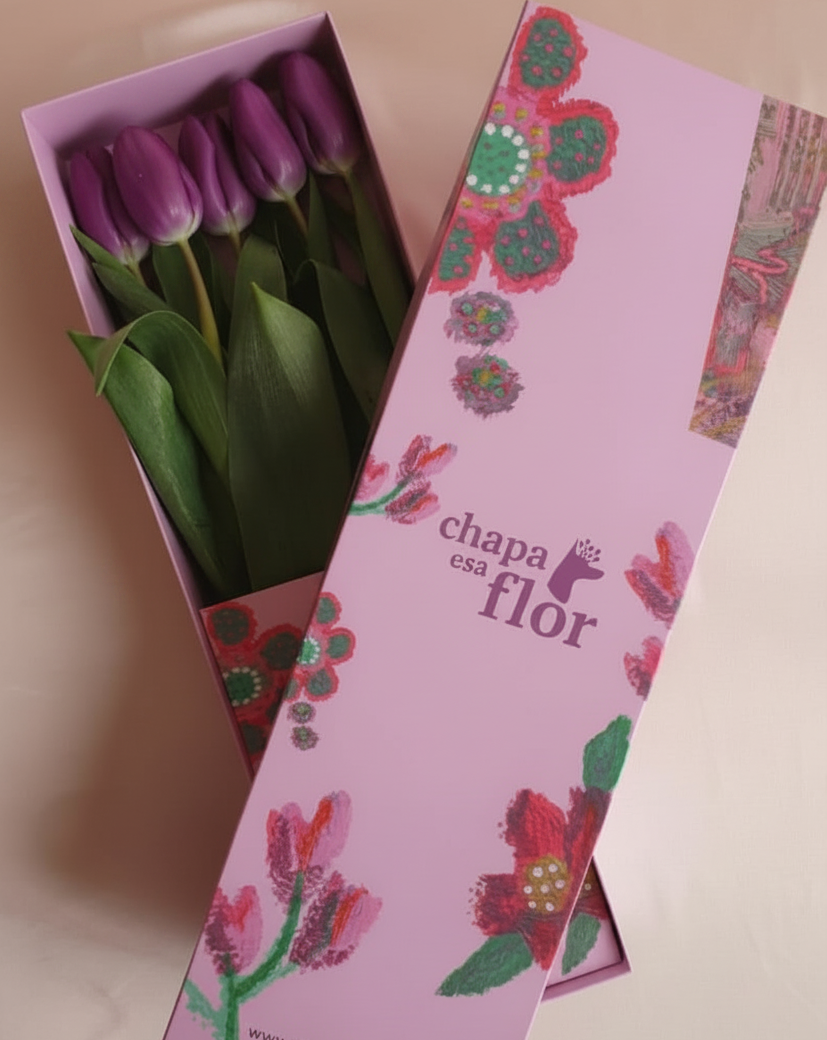 Box Premium con 5 tulipanes lilas-morados