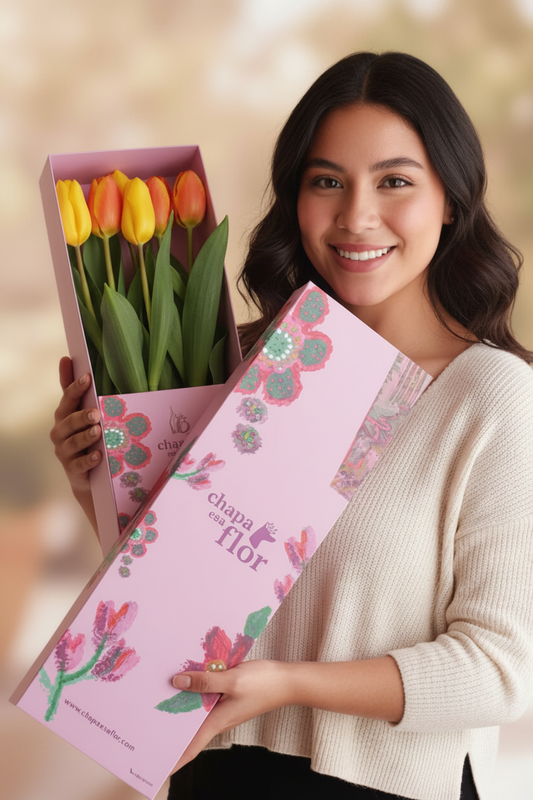 Box Premium con 5 tulipanes multicolor