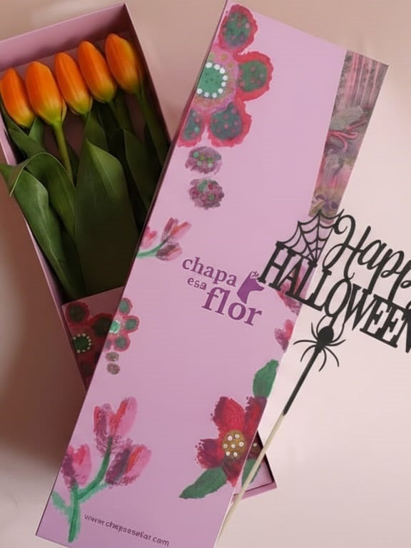 Box Premium con 5 tulipanes naranjas Halloween 🎃