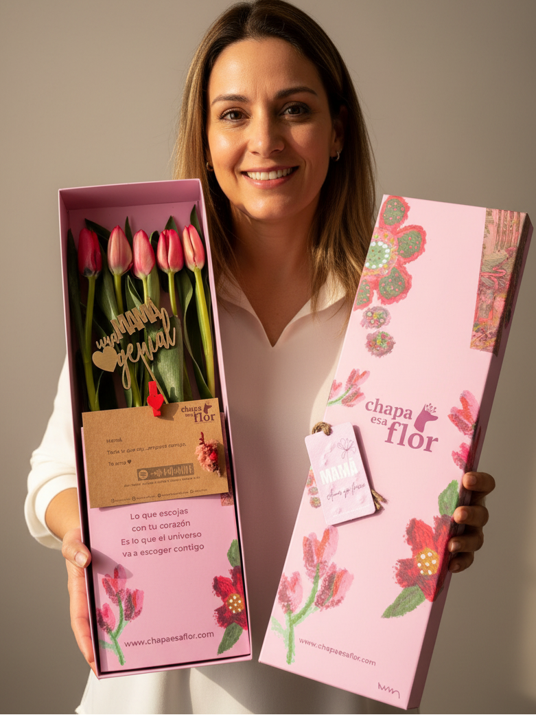 Caja Box Premium con 5 tulipanes rojos | Edición Mamá