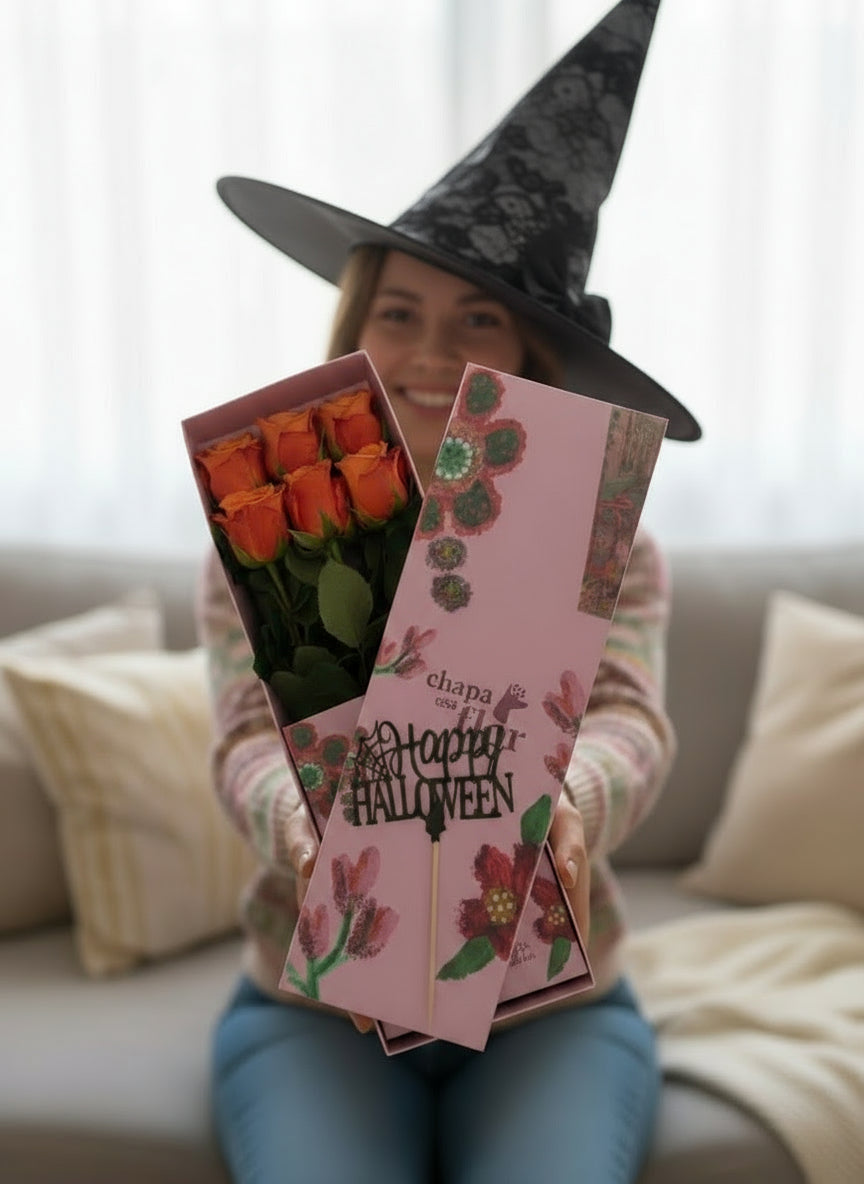 Box Premium con 6 rosas naranjas Halloween 🎃