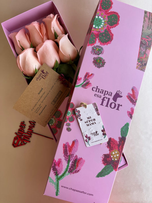 Box Premium Mamá con 6 rosas rosadas