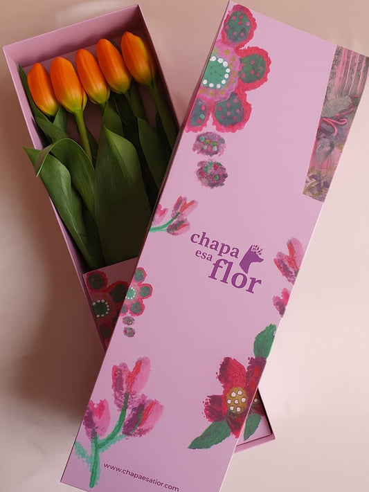 Box Premium con 5 tulipanes naranjas