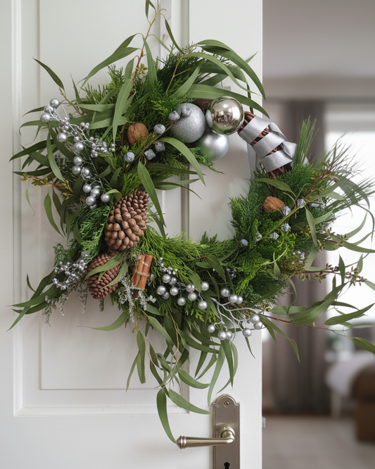 Corona de Puerta Navideña Natural grande tonos plata