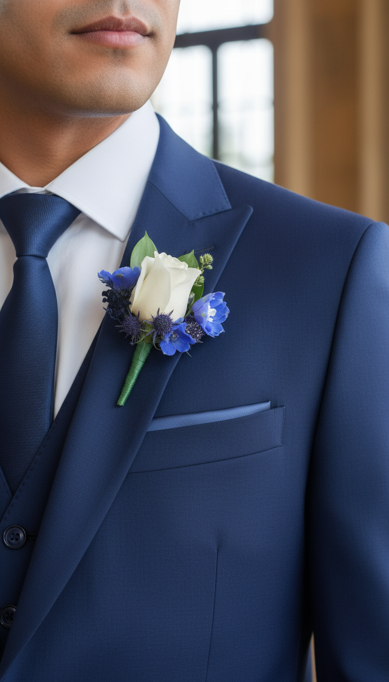 Bouquet con rosas blancas vendelas y tonos azules