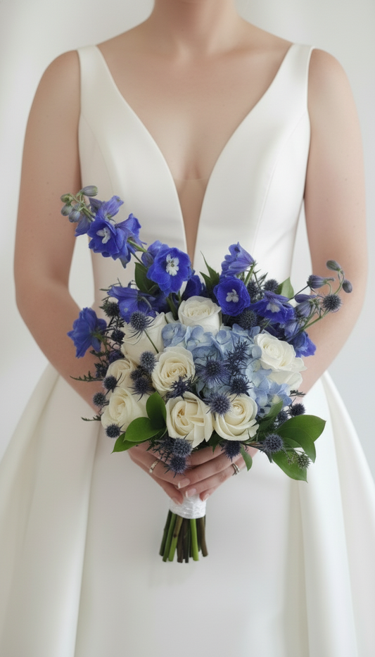 Bouquet con rosas blancas vendelas y tonos azules