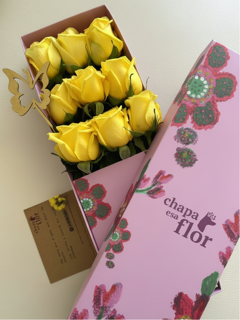 Caja Box 9 rosas amarillas sin hand tag rosado