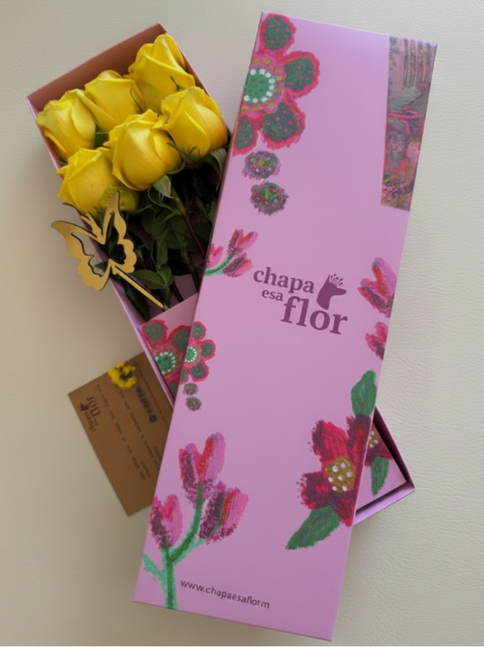 Caja Box 6 rosas amarillas sin hand tag rosado