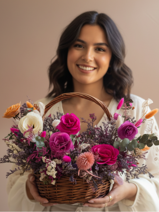 Modelo con canasta ámbar de flores secas