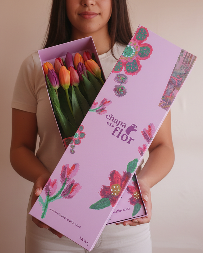 Caja Box Premium – 10 Tulipanes multicolor | Edición San Valentín