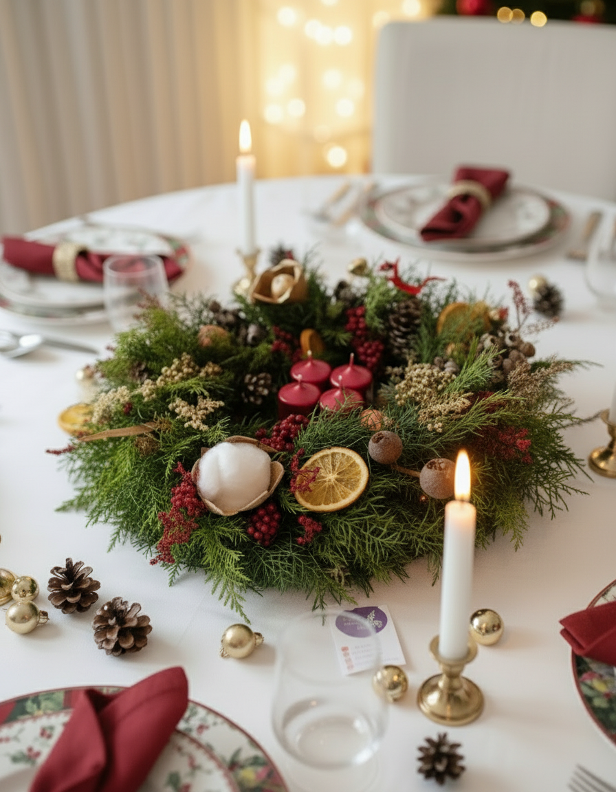 Corona de Adviento 2025 acentos rojo y dorado