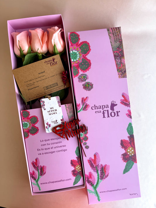 Box Premium Mamá con 3 rosas rosadas